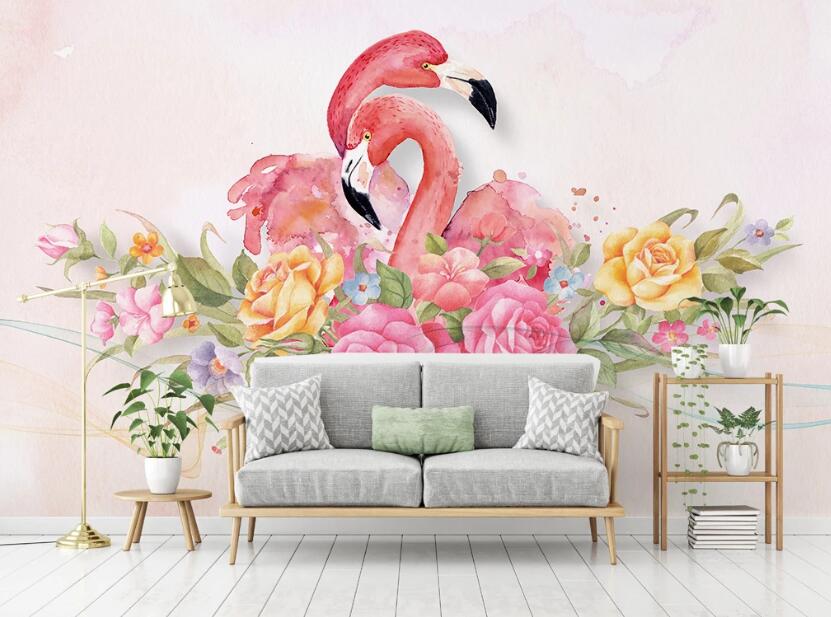3D Flamingos Snuggling 2119 Wall Murals
