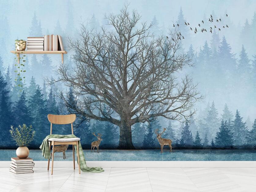 3D Blue Mist Forest 2084 Wall Murals