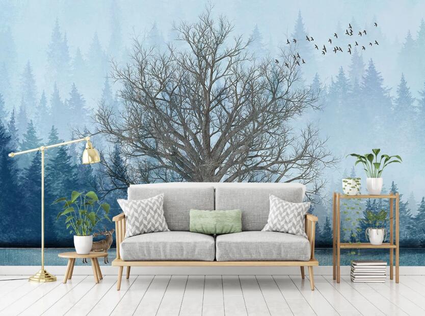 3D Blue Mist Forest 2084 Wall Murals