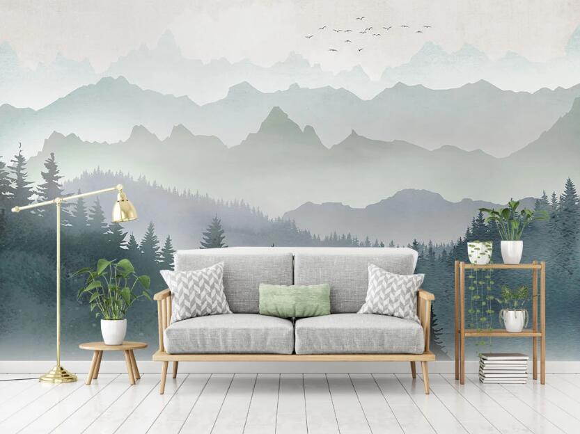 3D Pale Blue Hazy Distant Mountains 2077 Wall Murals