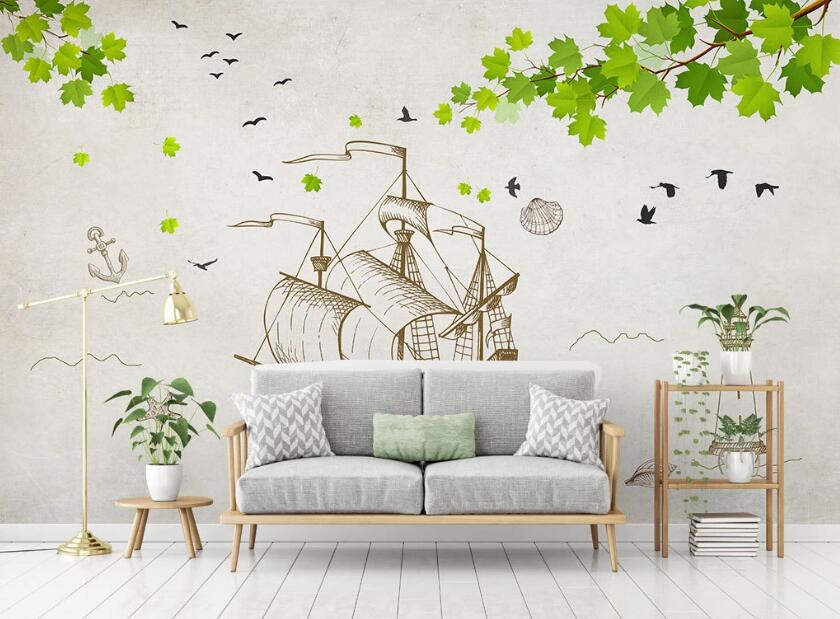 3D Nautical Sailboat In Spring 2068 Wall Murals