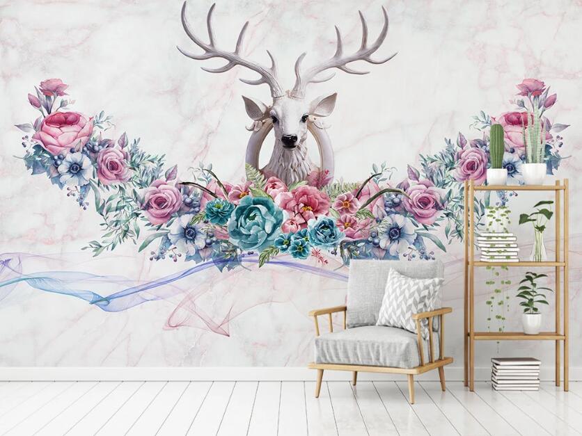 3D Flower Cluster And Statue Deer 2039 Wall Murals