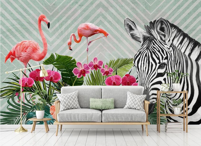 3D Zebra And Flamingo 2027 Wall Murals