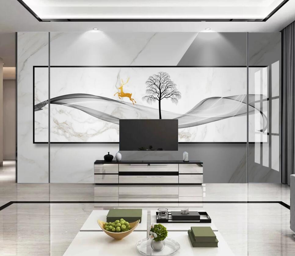 3D Dead Tree And Golden Deer 1291 Wall Murals