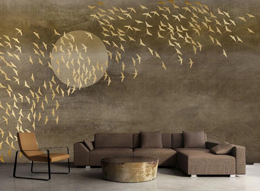 3D Golden Bird Flock 2327 Wall Murals
