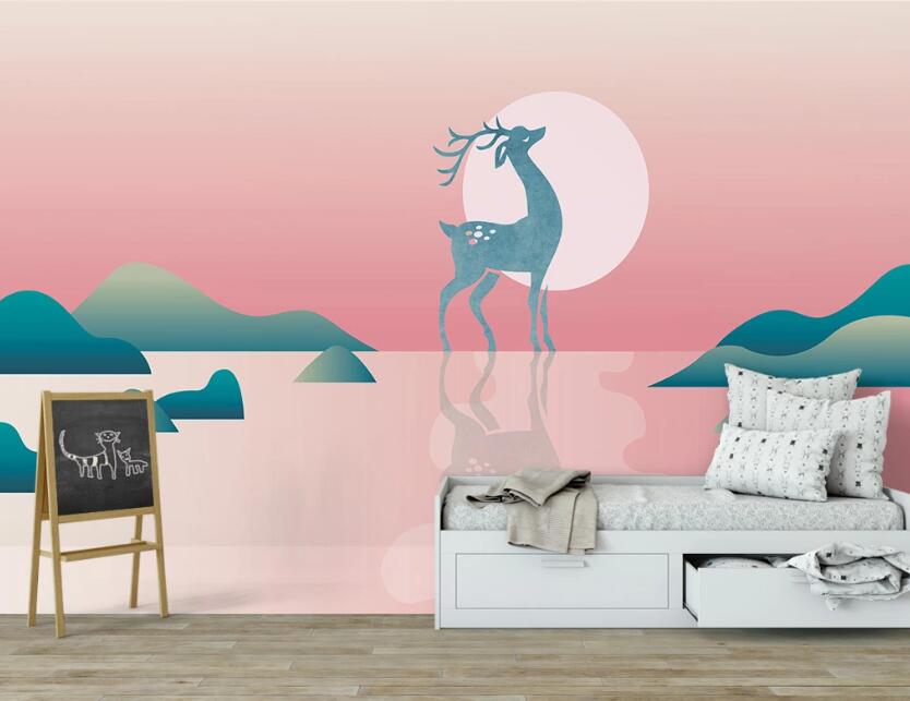3D Blue Deer Before Sunrise 2575 Wall Murals