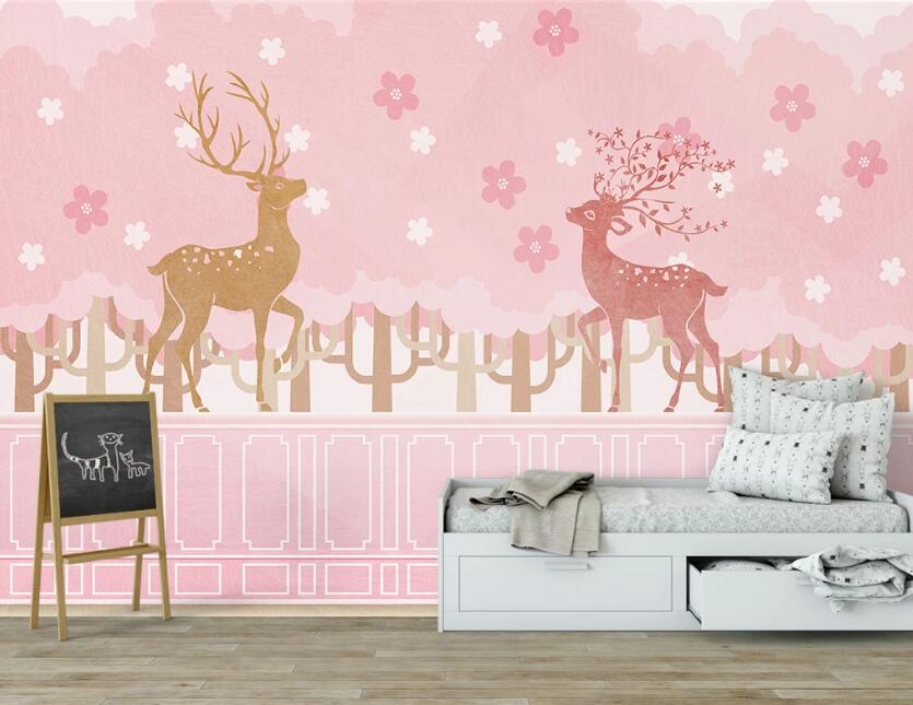3D Pink And Dark Yellow Deer 2572 Wall Murals