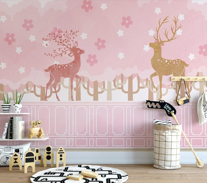 3D Pink And Dark Yellow Deer 2572 Wall Murals