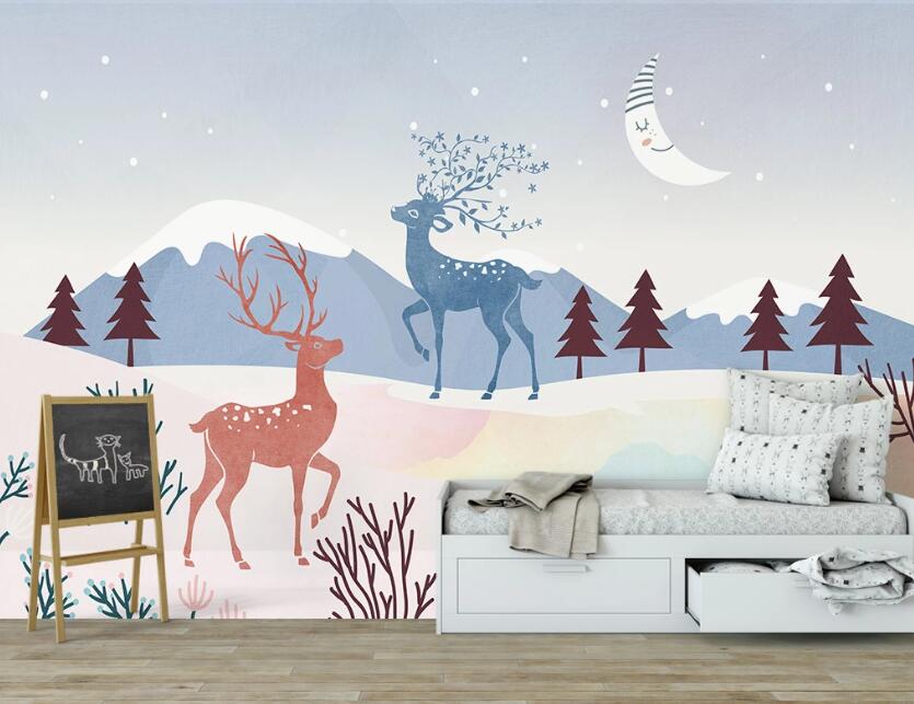 3D Blue And Red Deer 2561 Wall Murals