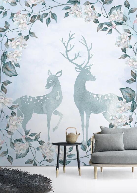 3D Light Blue Hazy Deer 2614 Wall Murals