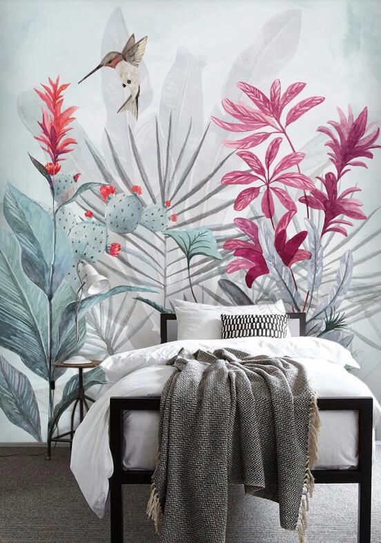 3D Bird Near Red Flowers 2612 Wall Murals