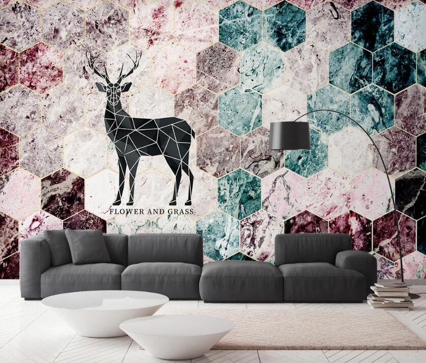 3D Black Geometric Stitching Deer 2551 Wall Murals