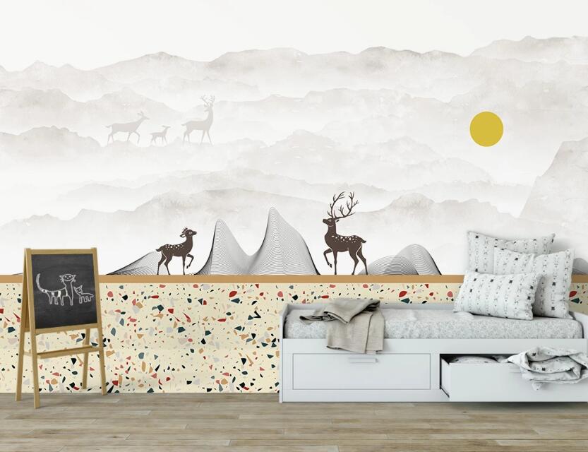 3D Black Deer And Misty Mountains 2542 Wall Murals