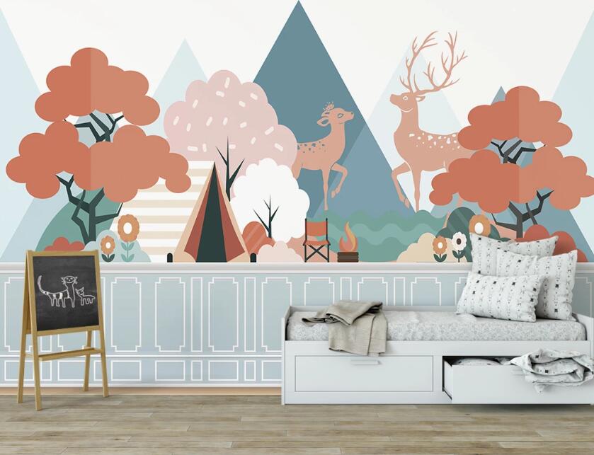 3D Red Trees And Deer 2538 Wall Murals