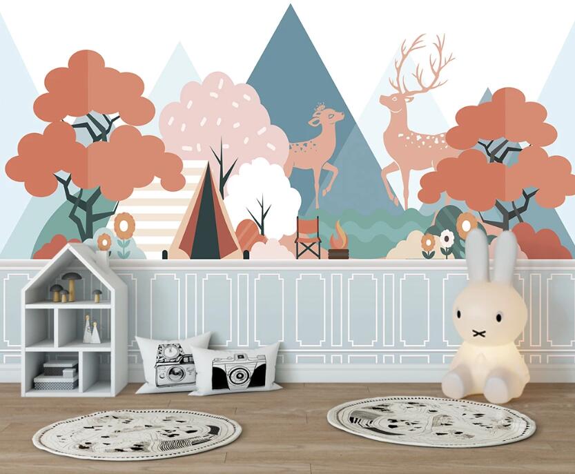 3D Red Trees And Deer 2538 Wall Murals