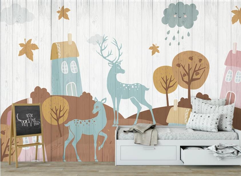 3D Blue Deer In Autumn 2494 Wall Murals