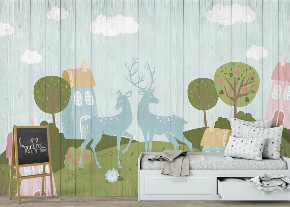 3D Vaguely Blue Couple Deer 2493 Wall Murals