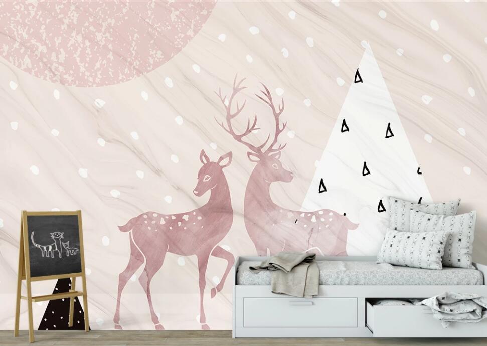 3D Pale Pink Couple Deer 2491 Wall Murals