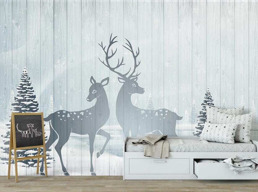 3D Light Blue Couple Deer 2488 Wall Murals