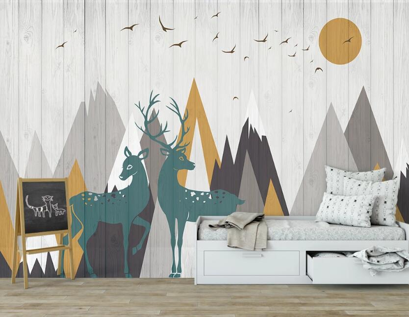 3D Dark Green Couple Deer 2486 Wall Murals