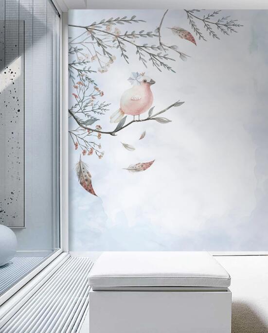 3D Pale Pink Cute Bird 2604 Wall Murals