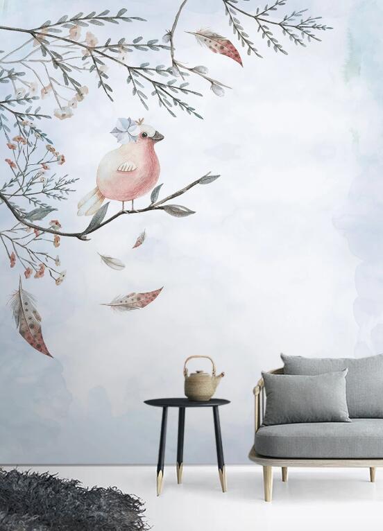 3D Pale Pink Cute Bird 2604 Wall Murals