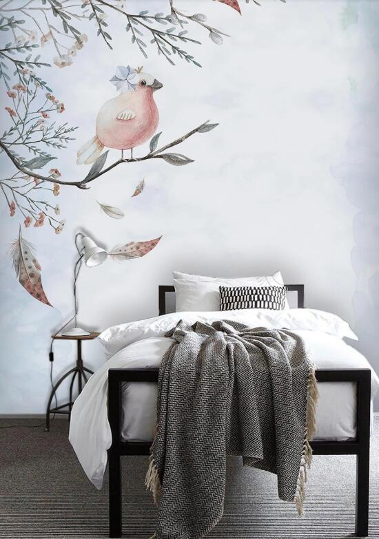 3D Pale Pink Cute Bird 2604 Wall Murals
