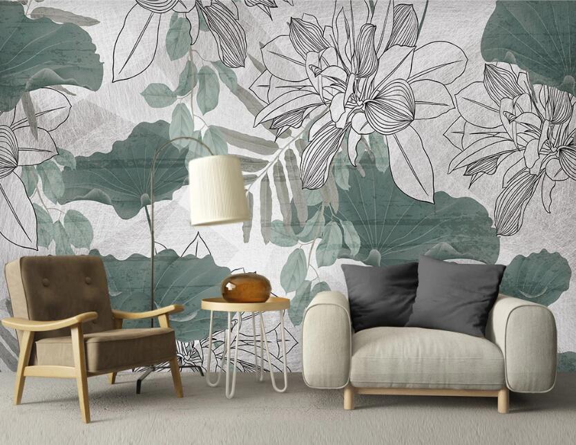 3D Faded Lotus Leaves 2446 Wall Murals