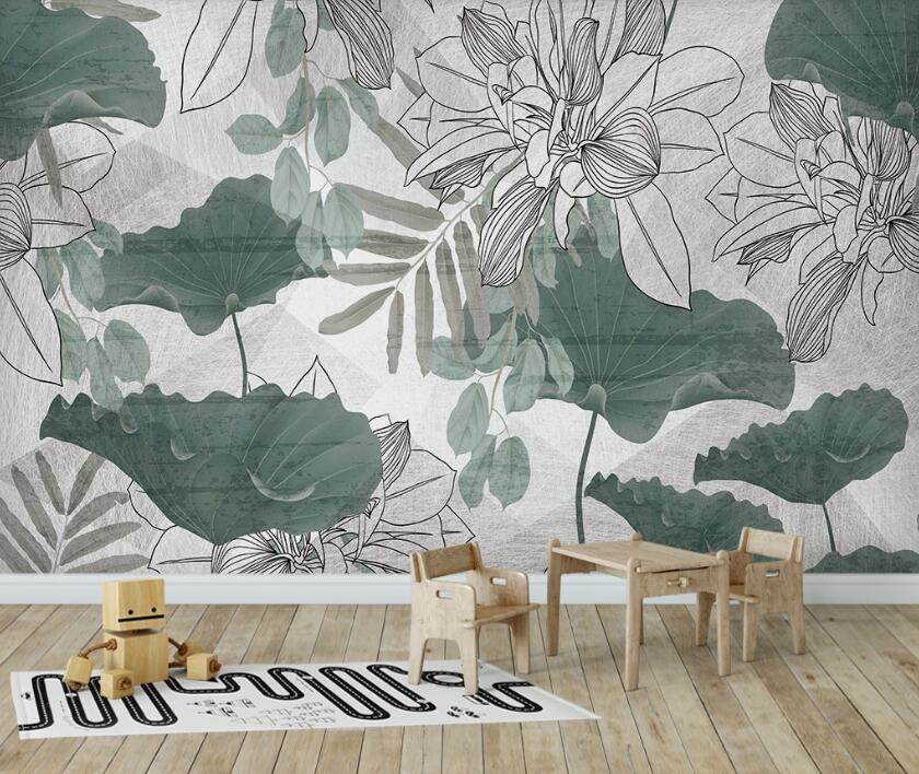 3D Faded Lotus Leaves 2446 Wall Murals
