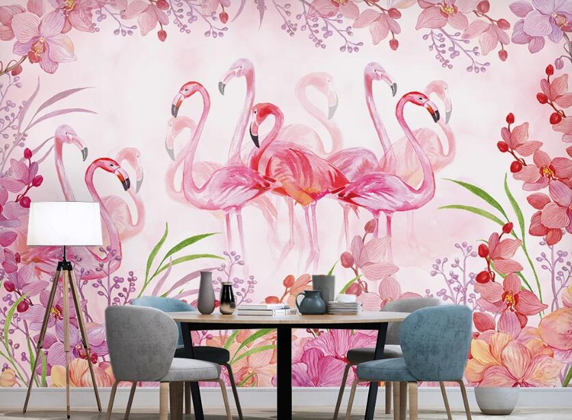 3D Pink Flamingos And Petals 2413 Wall Murals