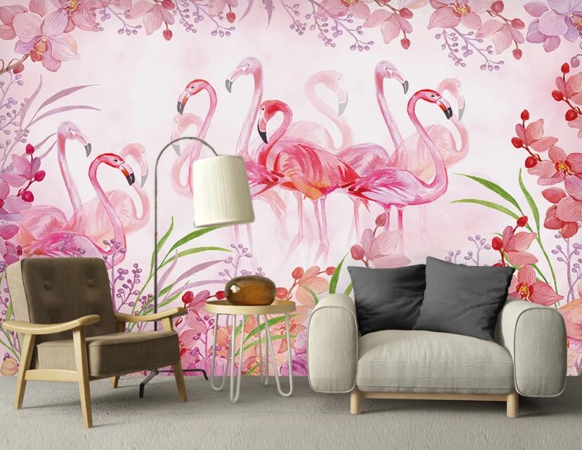 3D Pink Flamingos And Petals 2413 Wall Murals