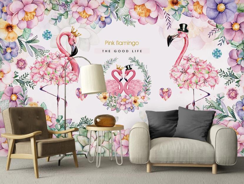 3D Flamingos In Pink Painting 2412 Wall Murals