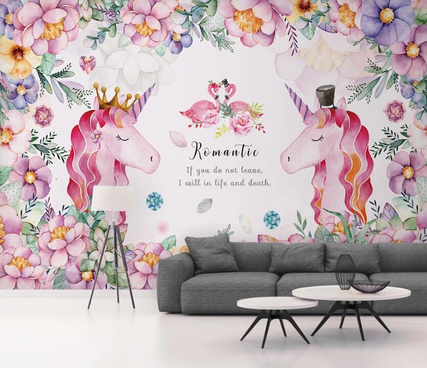 3D Pink Horses And Flamingos 2391 Wall Murals