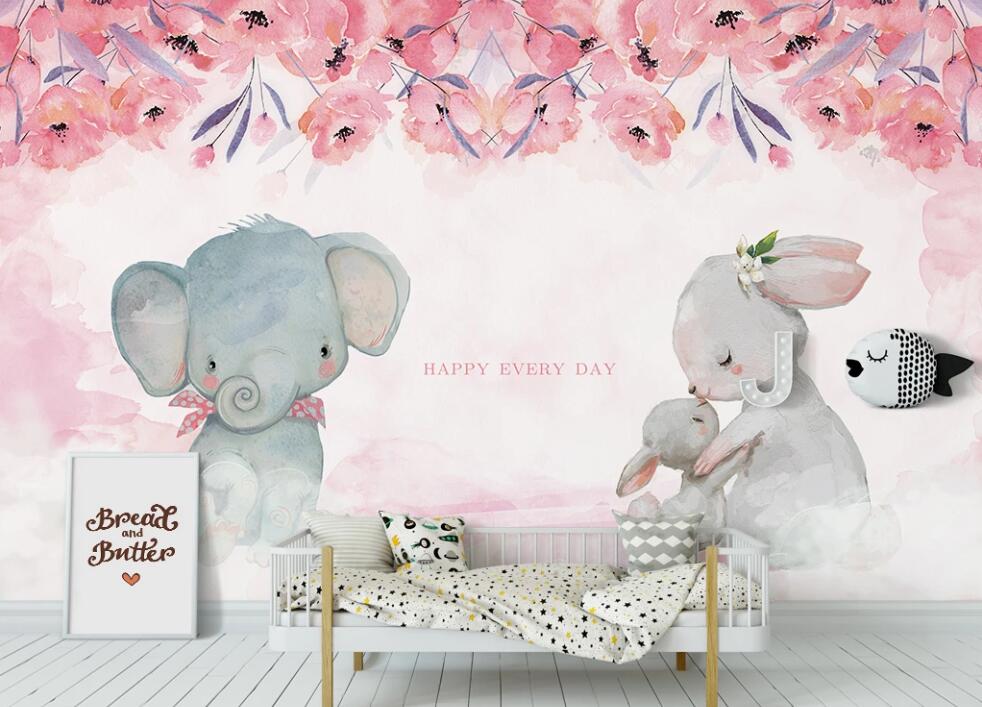 3D Rabbits And Baby Elephant 2376 Wall Murals