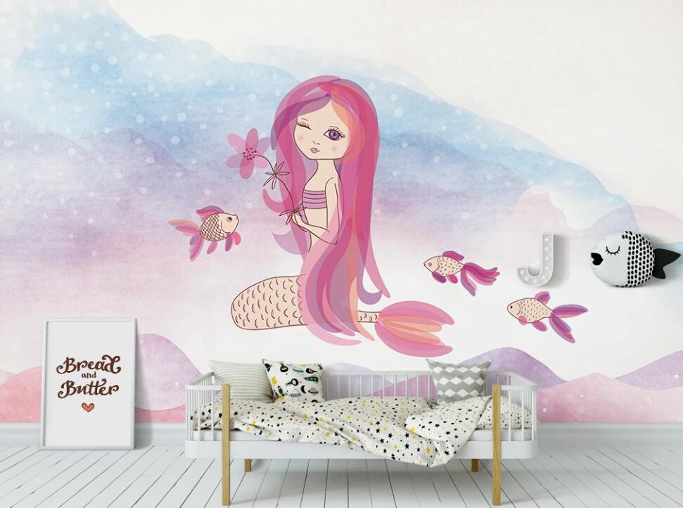3D Playful Pink Mermaid 1133 Wall Murals