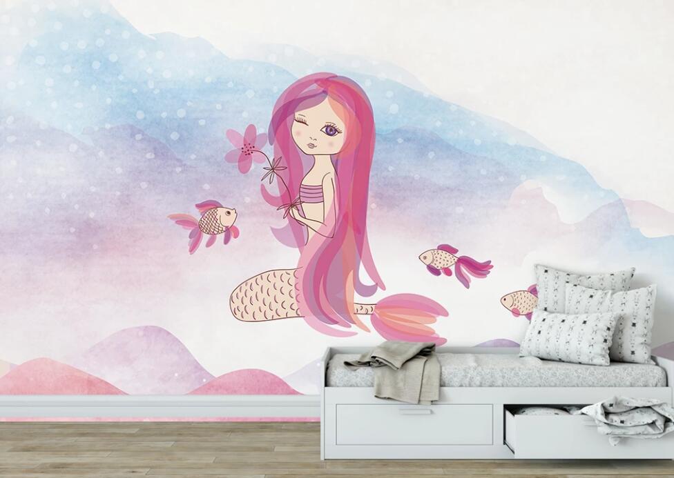 3D Playful Pink Mermaid 1133 Wall Murals