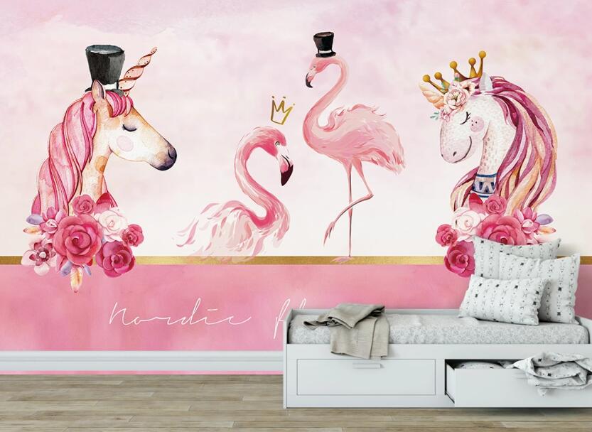 3D Couple Horses And Couple Flamingos 1123 Wall Murals