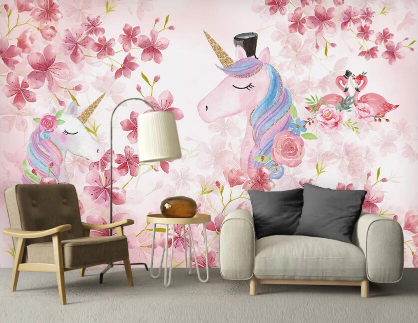 3D Pink Flower Rainbow Horse 1081 Wall Murals
