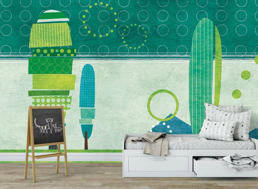 3D Green Childlike Cactus 1037 Wall Murals