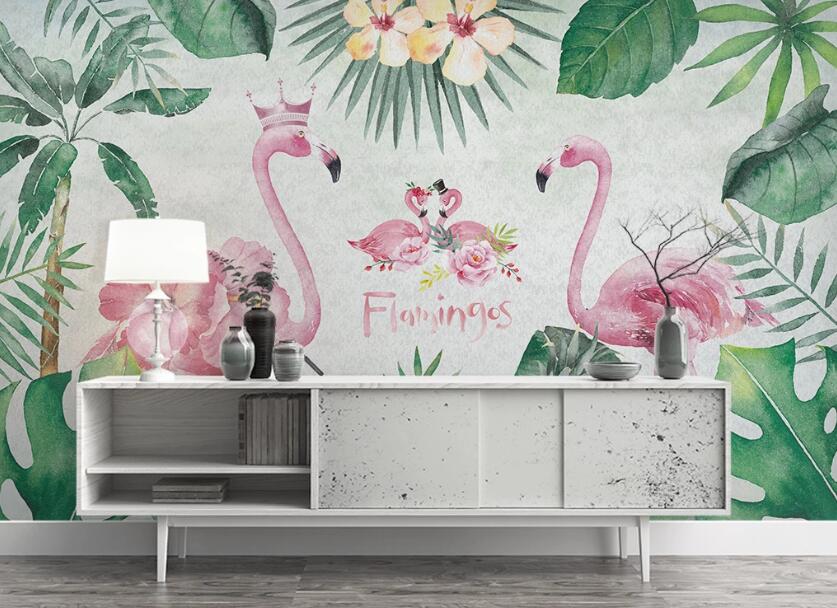 3D Flamingos Of Plant World 1027 Wall Murals