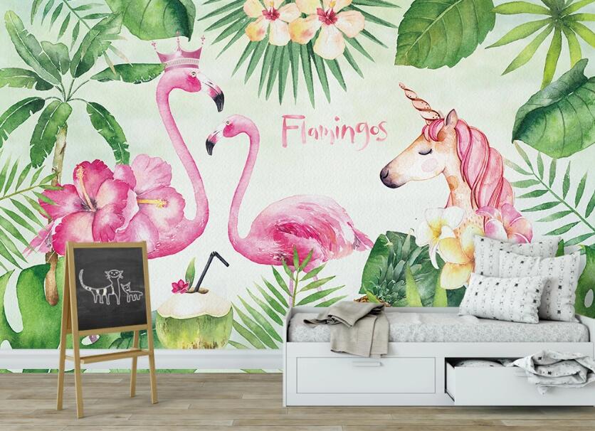3D Green Leaf Flamingos 1020 Wall Murals