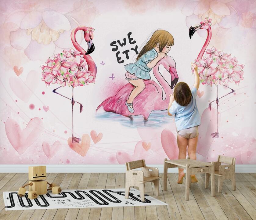 3D Girl And Flamingo 1017 Wall Murals