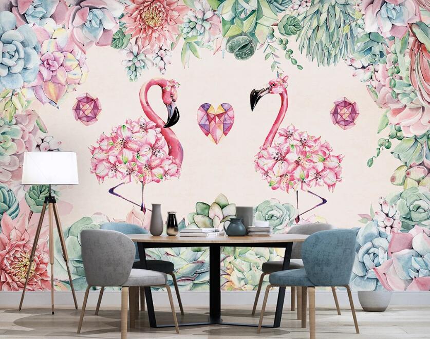 3D Flower Flamingos 953 Wall Murals