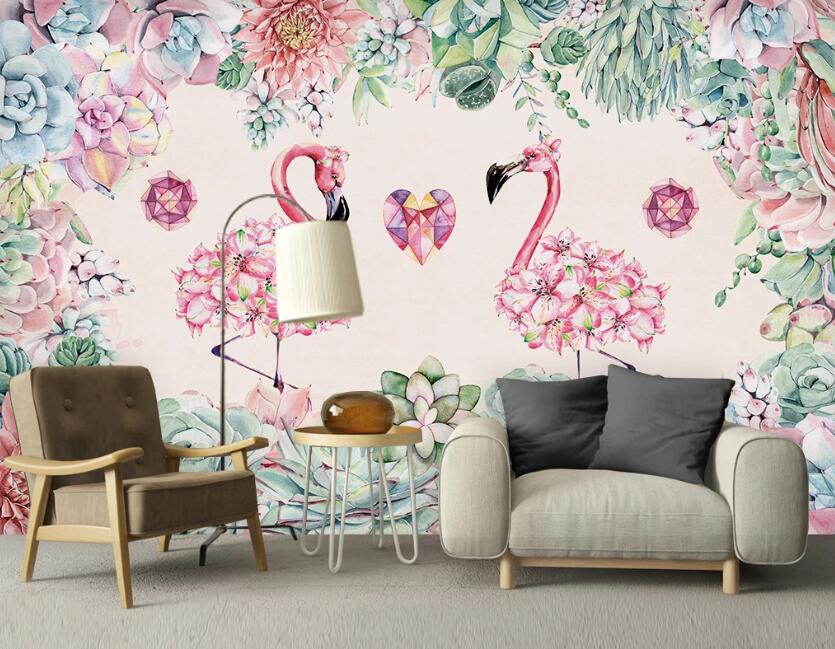 3D Flower Flamingos 953 Wall Murals