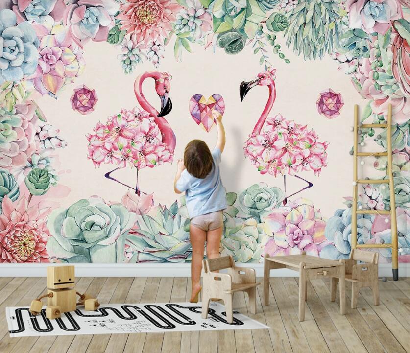 3D Flower Flamingos 953 Wall Murals