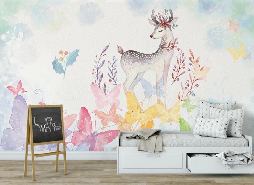 3D Deer And Colorful Butterflies 921 Wall Murals