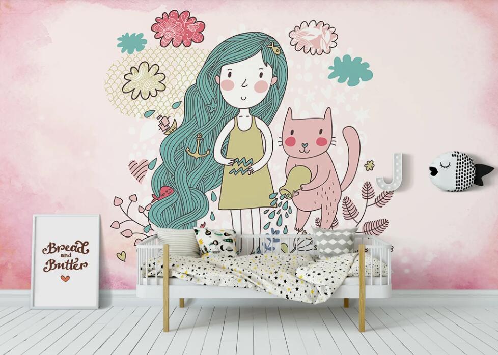 3D Girl And Cat 911 Wall Murals