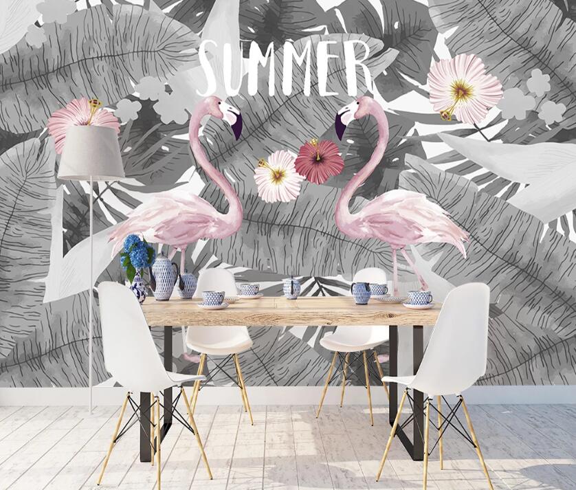 3D Flamingos Faded In Summer 1067 Wall Murals