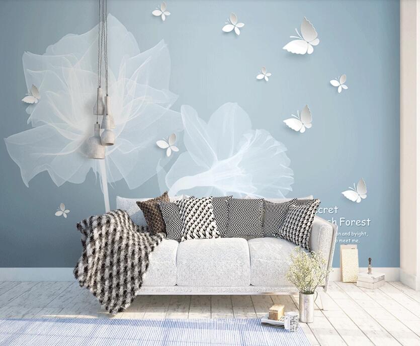 3D White Butterfly And Flower 918 Wall Murals