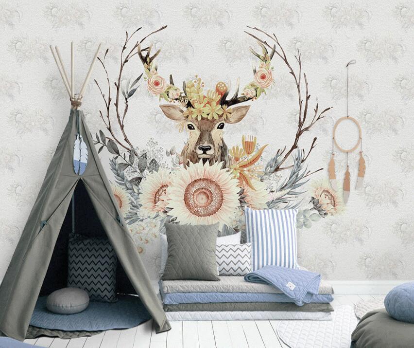 3D Gray Sunflower And Deer 883 Wall Murals